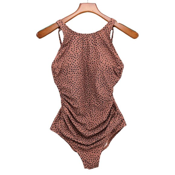 Kona Sol One Piece Swimsuit Womens Brown Black Spotted Animal Print Ruched Sz M - Picture 8 of 13